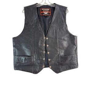 Interstate Leather Mens Black Genuine Leather Motorcycle Vest Size L Snap Front